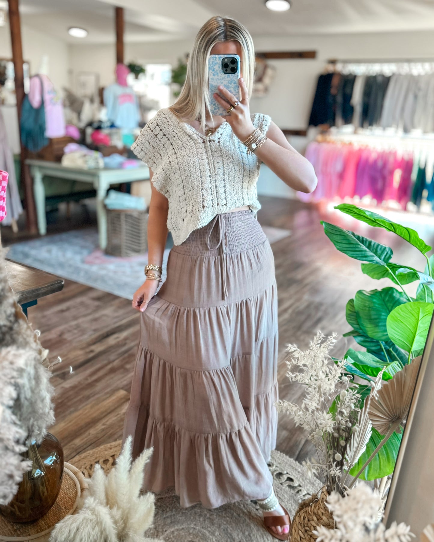 Taupe Smocked Tiered Maxi Skirt