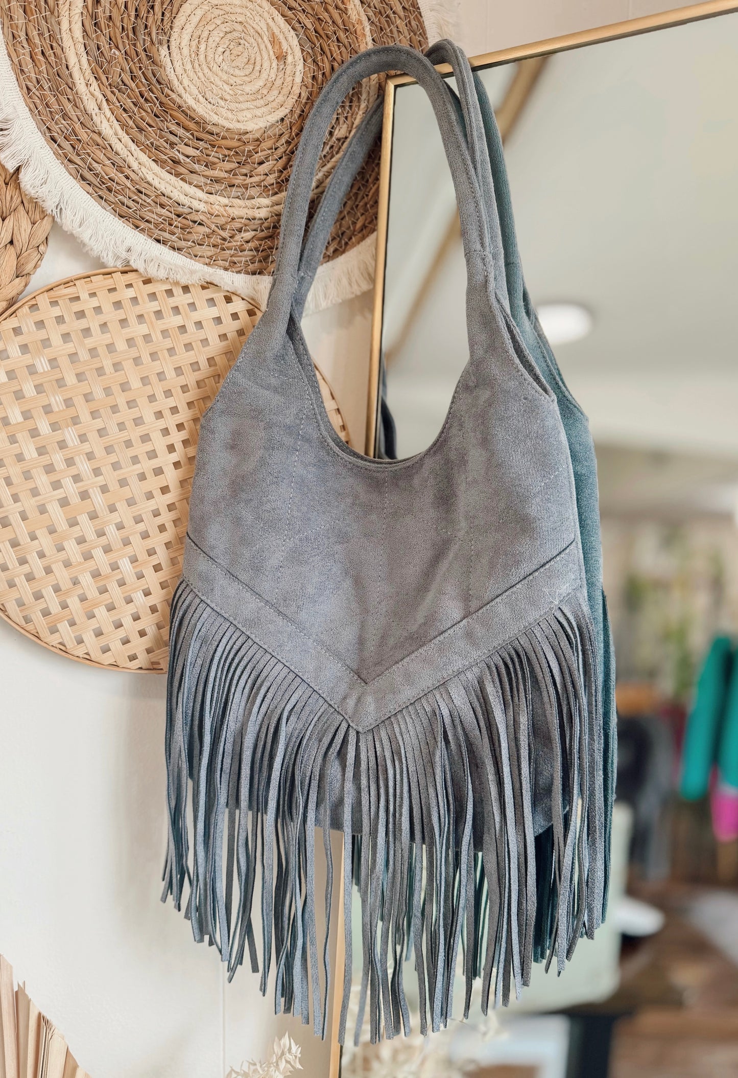 Vivian Velvet Fringe Purse (Lt Grey)