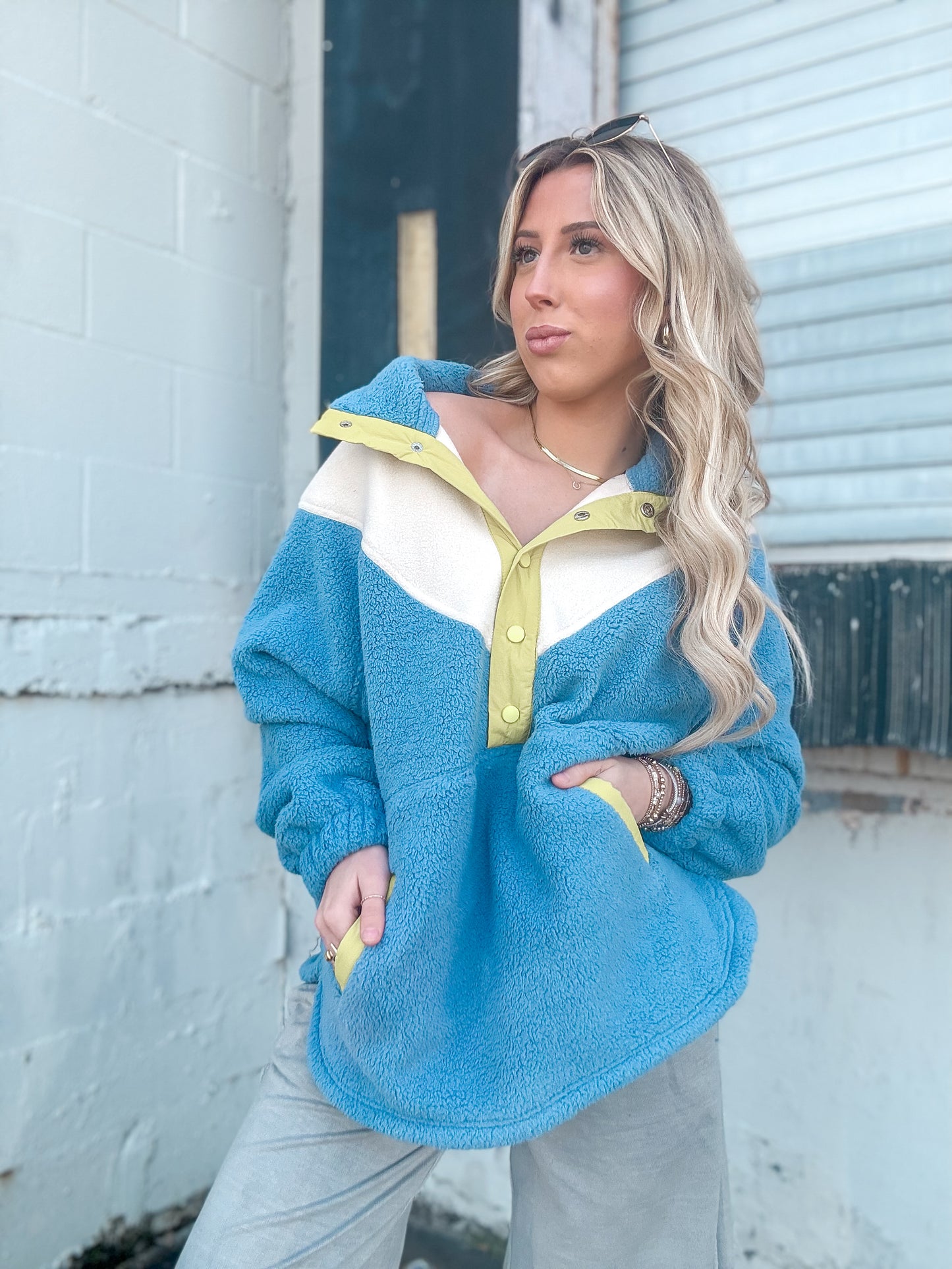 Denim Color Block Half Button Fleece Pullover