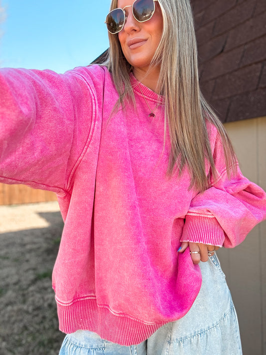 Cloud Nine Acid Wash Fleece Pullover (Pink)