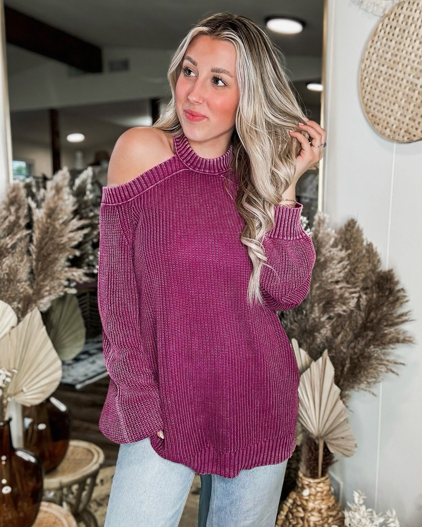 Magenta Cold Shoulder Mineral Wash Sweater