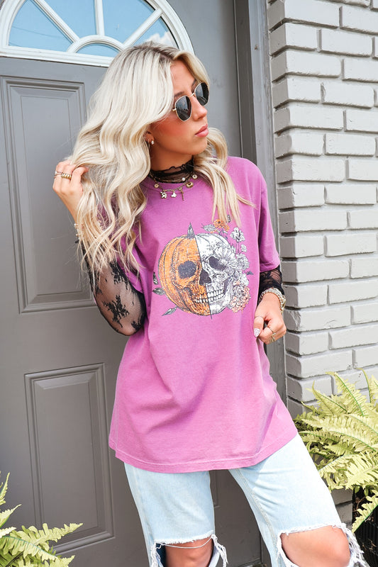 Plum Half Skull & Pumpkin Tee (Pre-Order)