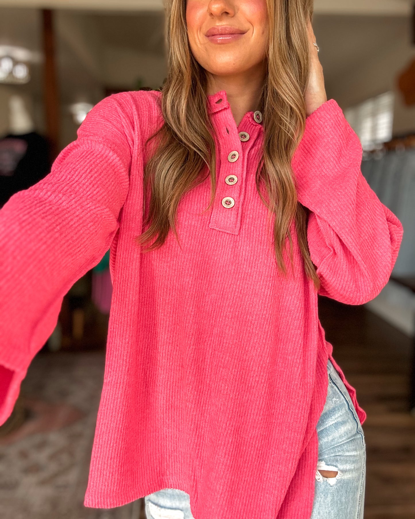 Break Out Ribbed Henley Top (Magenta)