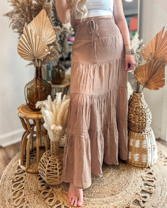 Taupe Smocked Tiered Maxi Skirt