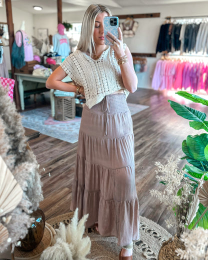 Taupe Smocked Tiered Maxi Skirt